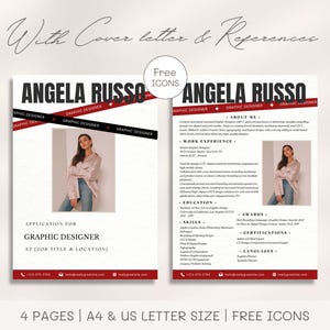 Modelo de currículo profissional de designer gráfico de moda Currículo moderno em tela com carta de apresentação e referências CV com foto CV criativo