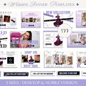 May include: A collection of website banner templates for an online store featuring purple and white color scheme with text overlays such as "New Collection", "Shop the Look", "Limited", "Winter Wonderland", "Spring", "Must Have Items", "Discover Our Best Sellers", "One More Day", "50% Off", "Shop the Best Trio", "Take 15% Off Everything", "10% Off for the Weekend", "Welcome to Our Shop", and "Business Name".