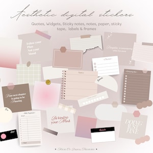 Puede incluir: Adhesivos digitales estéticos en un arreglo de collage. La imagen presenta varias notas adhesivas digitales, papel y etiquetas en tonos de rosa, beige y marrón. Algunas notas tienen texto como "Follow your plan, not your mood" y "Be kind to your mind."