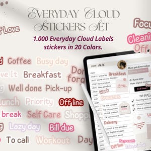 May include: An image displays a digital sticker set titled "Everyday Cloud Stickers Set" with 1,000 labels in 20 colors. The image includes a tablet with a stylus, and labels like "Self Love," "Weekend," and "Offline."