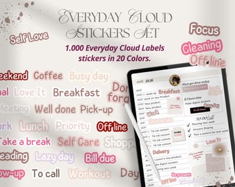 1000 Everyday Cloud Digital Stickers, Planner Labels (PNG)