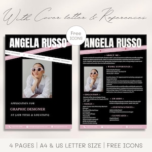 Modelo de currículo profissional de designer gráfico de moda Currículo moderno em tela com carta de apresentação e referências CV com foto CV criativo