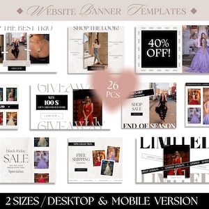 May include: A collection of website banner templates with various designs. The banners feature images of dresses, accessories, and promotional text like "Shop the Best Trio" and "40% OFF!" The text "26 PCS" is also visible.