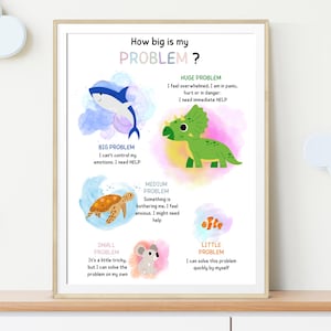 以下が含まれることがあります： 動物のイラストが描かれたカラフルなチャートで、さまざまな大きさの問題を表しています。チャートには「How big is my PROBLEM?」と表示され、「Huge Problem」、「Big Problem」、「Medium Problem」、「Small Problem」、「Little Problem」がそれぞれ説明とともにリストされています。