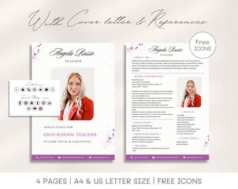 Purple Teacher Resume Template: Creative CV, Cover Letter (Canva Editable)
