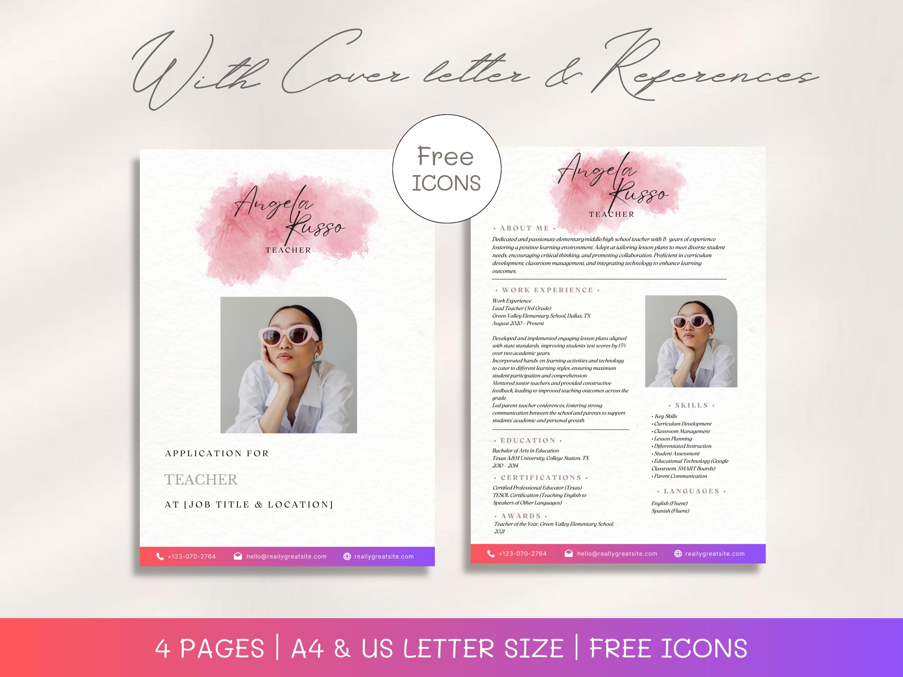 Teacher Resume Template: Pink Watercolor CV with Cover Letter (Canva Editable)