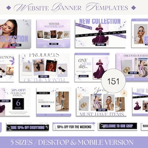May include: A collection of 151 website banner templates for online stores. The banners feature a variety of designs, including floral patterns, geometric shapes, and text overlays. The banners are designed to promote new collections, sales, and other events. The banners are available in five sizes and are suitable for both desktop and mobile devices.