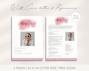 Pink Watercolor Teacher Resume Template: Creative CV (A4 & US Letter) (Canva Editable)