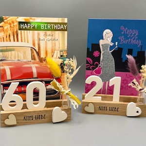 Geschenk Geburtstag Raysin, Zahlen, runder Geburtstag, Trockenblumen, Kartenhalter, Fotoständer, Geschenkidee Raysin, Klötzchendeko, Herz