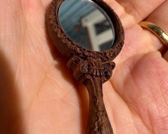 1:6 Scale Hand-Carved Handheld Mirror - Dollhouse Miniature Accessory