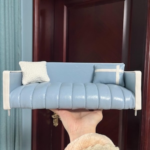 Miniature Leather Sofa 1:6 Scale - Dollhouse Couch for 12&quot; Action Figures | Handmade Doll Furniture with Free Pillows