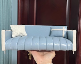 Miniature Leather Sofa 1:6 Scale - Dollhouse Couch for 12" Action Figures | Handmade Doll Furniture with Free Pillows