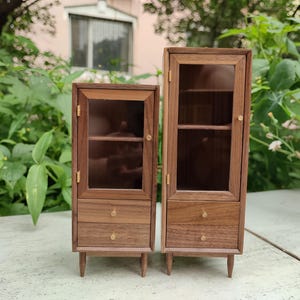 1:6 Modern Walnut Storage Cabinet – Miniature Furniture with Real Hinges and Drawers