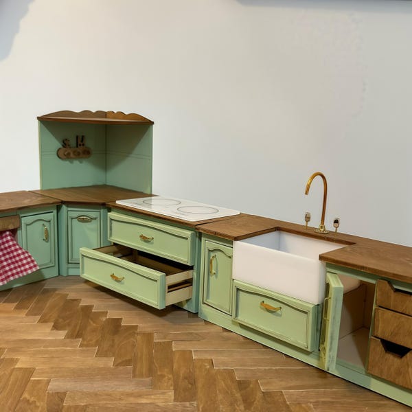 Bouwpakket poppenhuis miniatuur aanrecht: onafgewerkt houten boerderijmodel