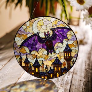 Suncatcher stained glass bat over gothic castle Halloween gift