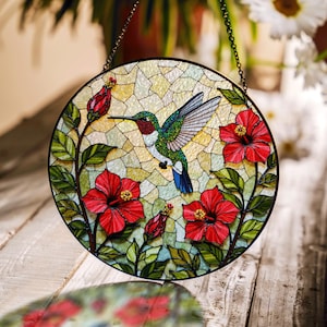 Hummingbird and Red Hibiscus Stained Glass Suncatcher Window Decor Gift for Mom or Nature Lover