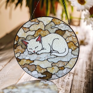 Sleeping Cat Suncatcher Stained Glass Window Hanging Gift for Cat Lovers Home Decor