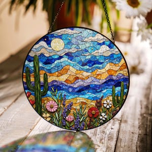 Colorful Desert Landscape Suncatcher Stained Glass Style Window Hanging Gift for Nature Lover