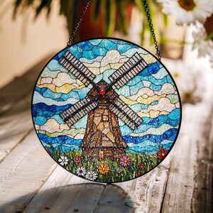 Stained Glass Windmill Sun Catcher Handmade Gift for Mom or Nature Lovers Home Decor