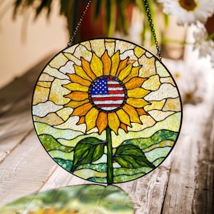 Patriotic Sunflower American Flag Suncatcher Glass Window Decor Gift for Independence Day or Mom