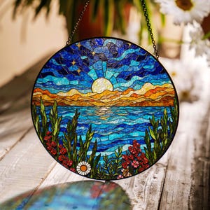 Vibrant Sunset Ocean View Suncatcher Colorful Stained Glass Decor Gift for Nature Lovers