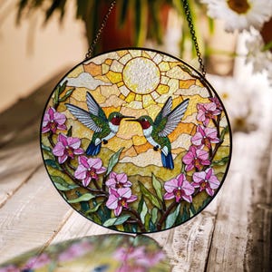 Hummingbirds and flowers stained glass suncatcher window decor gift for mom or friend