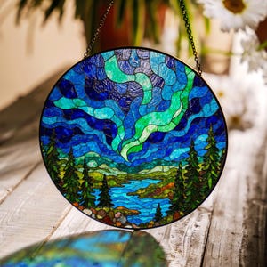 Northern Lights Stained Glass Suncatcher Aurora Borealis Window Decor Gift for Nature Lovers