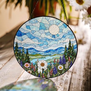Wildflower Forest Landscape Suncatcher Stained Glass Style Window Decor Gift for Nature Lover