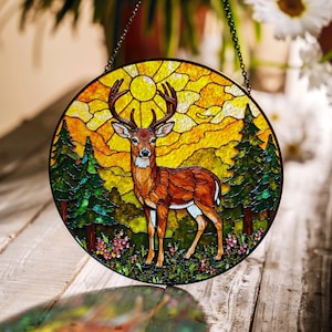 Stained Glass Deer in Forest Handmade Suncatcher Nature Window Decor Gift for Dad or Hunter