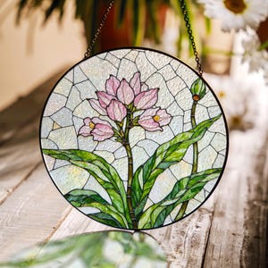 Pink ginger bloom stained glass round suncatcher botanical decor gift for plant lovers