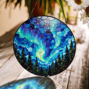 Northern Lights Stained Glass Suncatcher Forest Window Hanging Gift for Nature Lovers