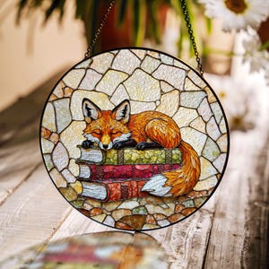 Fox Sleeping on Books Stained Glass Suncatcher Home Decor Gift for Book Lovers