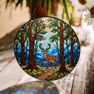 Majestic Deer Forest Scene Suncatcher Nature Glass Art Gift for Wildlife Lovers