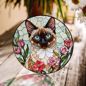 Blue Eyed Siamese Cat Floral Stained Glass Style Window Suncatcher Gift for Cat Lovers