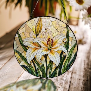 White lily floral art stained glass suncatcher botanical window decor gift for plant lover
