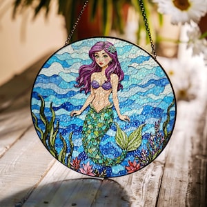 Stained Glass Mermaid Suncatcher with Purple Hair and Ocean Waves Perfect Gift for Mermaid Lovers