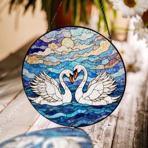 Romantic Swans Stained Glass Window Hanging Swan Suncatcher Gift for Anniversary Couple