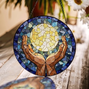 stained glass hands holding glowing sun round suncatcher window decor gift for healer