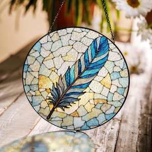 Blue feather stained glass suncatcher window decor handmade gift for nature lovers