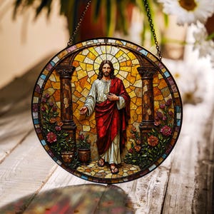 Jesus Blessing Stained Glass Round Suncatcher Christian Window Decor Gift for Religious Faith Lovers