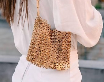 Gold metal shoulder bag, unique luxury purse, elegant evening bag, valentines day gift, metal disc bag, anniversary gift, chainmail bag