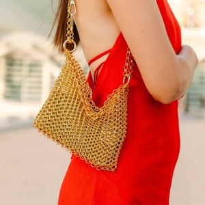 Golden chainmail bag,Metalic handbag,unique bag,evening bag,valentines day gift ,handmade bag,Gift for her,luxury bag