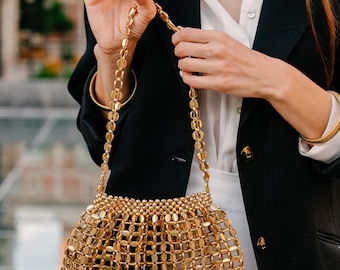 Handmade Gold Metallic Handbag: Elegant Shoulder Purse