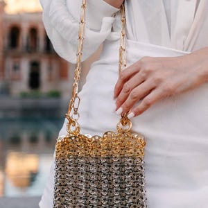 Unique Purse, Mixed Metallic Shoulder Bag, Gold and Silver Evening Bag, Handcrafted Mini Bag, Metal Disc Bag, Elegant Handbag, Gift for her