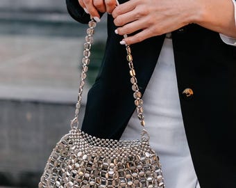 Silver metallic handbag, shoulder unique purse, luxury elegant bag, evening bag, birthday gift for her, handmade bag, valentines day gift