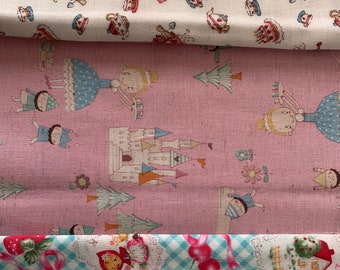 Japanese linen Lecien  fabric strawberry shortcake pink princess ream bunnies  9" cuts