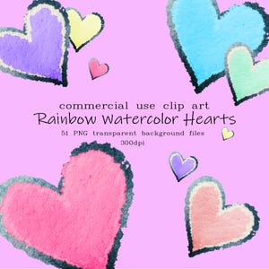 Pacote de clipart de corações de arco-íris em aquarela - Arquivos PNG digitais para scrapbooking, artesanato e convites