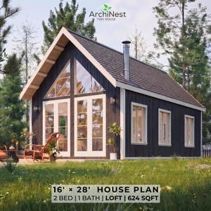 Può includere: Una piccola casa dalle pareti scure con tetto a capanna, camino in metallo e grandi finestre e porte a vetri. Il testo recita ArchiNest Tiny House e 16' x 28' HOUSE PLAN 2 BED | 1 BATH | LOFT | 624 SQFT. Due sedie a dondolo in legno all'esterno.