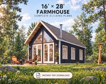 Op de afbeelding: Volledige bouwplannen voor een 16' x 28' boerderij met een donkere buitenkant, een zadeldak met schoorsteen en grote glazen ramen. Het ontwerp bevat een terras aan de voorzijde met twee stoelen en een tafel. Het document is een directe PDF-download.
