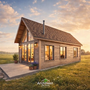 May include: A small wooden house with a gabled roof and large glass doors and windows. The house has a concrete patio and is surrounded by a grassy field. The sky is a mix of blue and orange, suggesting sunrise or sunset. The text "ArchiNest Tiny House" is visible.